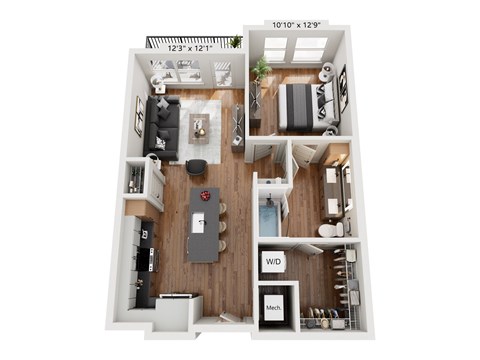 A floor plan of a small apartment with a kitchen, living room, and bathroom.